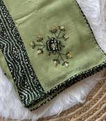 Light Green Mirror And Thread Embroidered Crunchy Chiffon Saree