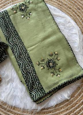 Light Green Mirror And Thread Embroidered Crunchy Chiffon Saree 2