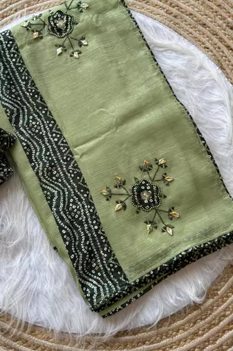 Light Green Mirror And Thread Embroidered Crunchy Chiffon Saree