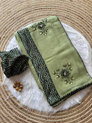 Light Green Mirror And Thread Embroidered Crunchy Chiffon Saree 3