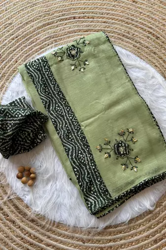 Light Green Mirror And Thread Embroidered Crunchy Chiffon Saree