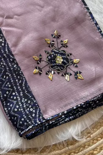 Lavender Color Mirror And Thread Embroidery Work Crunchy Chiffon Saree