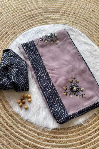 Lavender Mirror And Thread Embroidered Crunchy Chiffon Saree