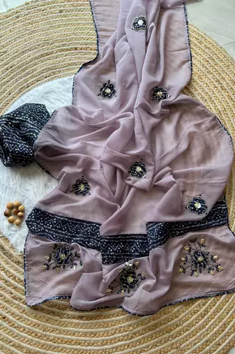 Lavender Mirror And Thread Embroidered Crunchy Chiffon Saree