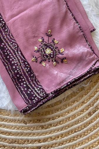 Light Plum Color Mirror And Thread Embroidery Work Crunchy Chiffon Saree