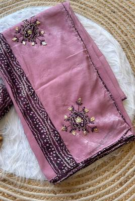 Light Plum Mirror And Thread Embroidered Crunchy Chiffon Saree 2