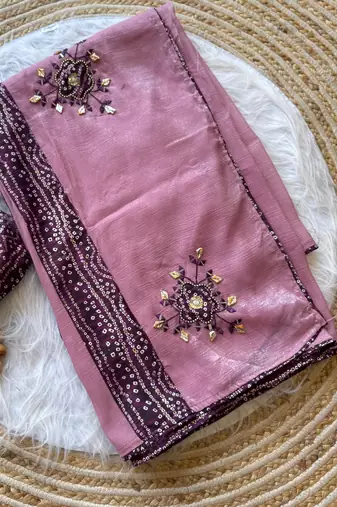 Light Plum Mirror And Thread Embroidered Crunchy Chiffon Saree