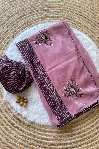 Light Plum Mirror And Thread Embroidered Crunchy Chiffon Saree