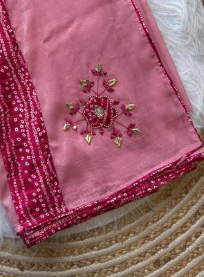 Pink Mirror And Thread Embroidered Crunchy Chiffon Saree 1