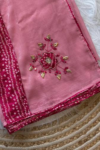 Pink Color Mirror And Thread Embroidery Work Crunchy Chiffon Saree