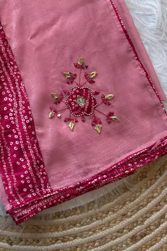 Pink Color Mirror And Thread Embroidery Work Crunchy Chiffon Saree