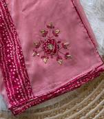 Pink Mirror And Thread Embroidered Crunchy Chiffon Saree