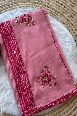 Pink Mirror And Thread Embroidered Crunchy Chiffon Saree 2