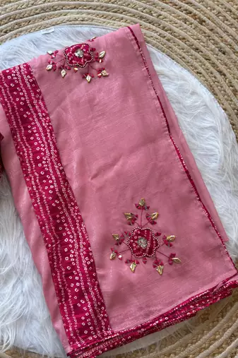 Pink Mirror And Thread Embroidered Crunchy Chiffon Saree
