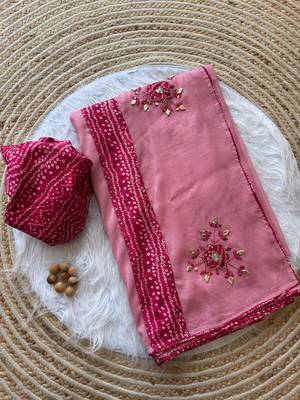 Pink Mirror And Thread Embroidered Crunchy Chiffon Saree 3