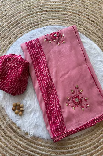 Pink Mirror And Thread Embroidered Crunchy Chiffon Saree