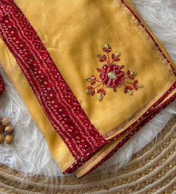 Yellow Mirror And Thread Embroidered Crunchy Chiffon Saree 1