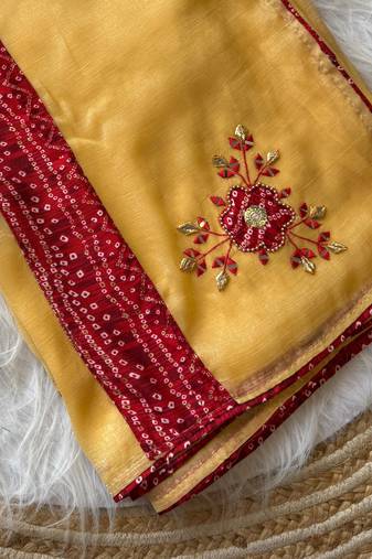 Yellow Mirror And Thread Embroidered Crunchy Chiffon Saree