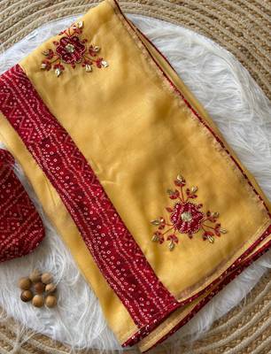 Yellow Mirror And Thread Embroidered Crunchy Chiffon Saree 2
