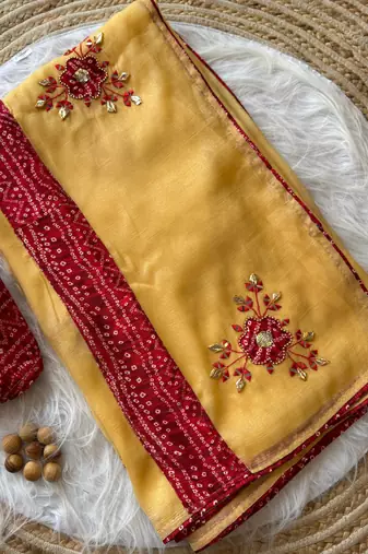 Yellow Mirror And Thread Embroidered Crunchy Chiffon Saree