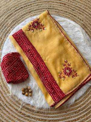Yellow Mirror And Thread Embroidered Crunchy Chiffon Saree 3