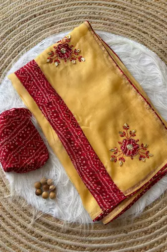 Yellow Mirror And Thread Embroidered Crunchy Chiffon Saree