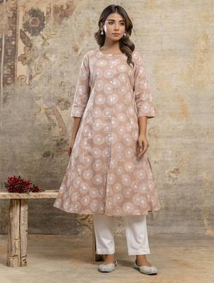 Beige floral cotton kurti 1