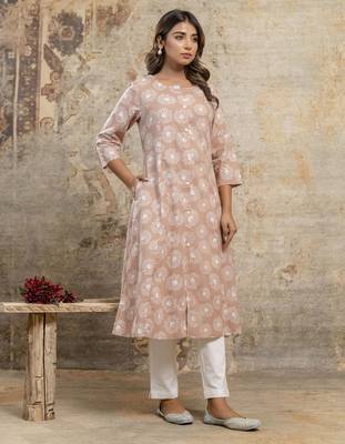 Beige floral cotton kurti 2