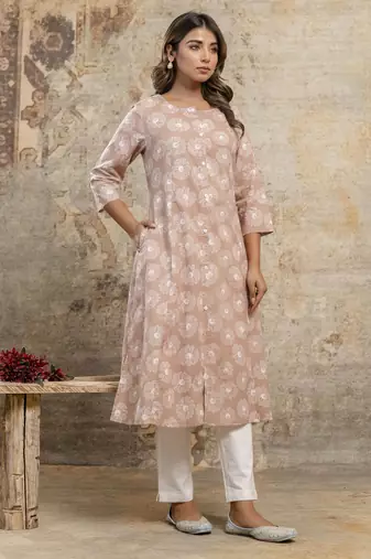 Beige floral cotton kurti