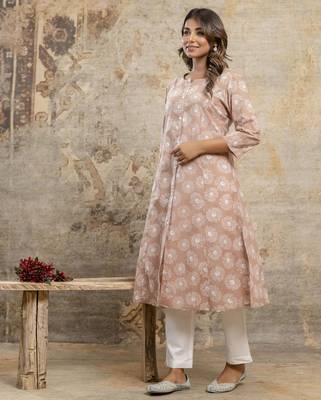 Beige floral cotton kurti 3