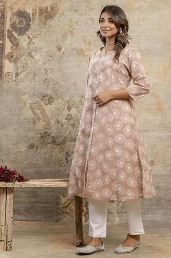 Beige floral cotton kurti