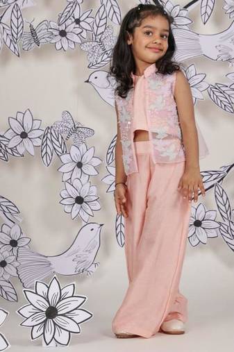 Peach petal girls festive set embroidered coord with palazzo & jacket