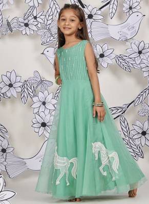 Horse parade girls gown mint organza dress with whimsical embroidery 1