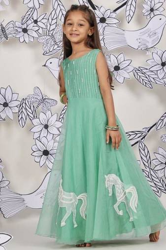 Horse parade girls gown mint organza dress with whimsical embroidery