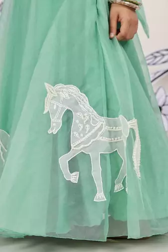 Horse parade girls gown mint organza dress with whimsical embroidery