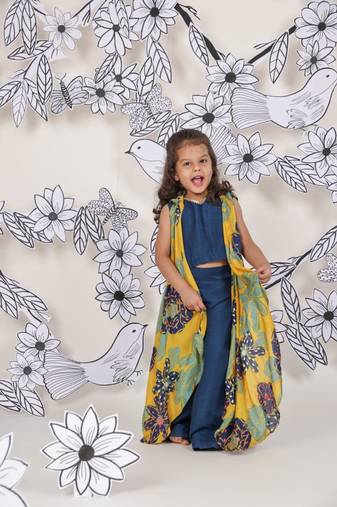 Tropical pop girls coord set yellow jacket with navy top & pants