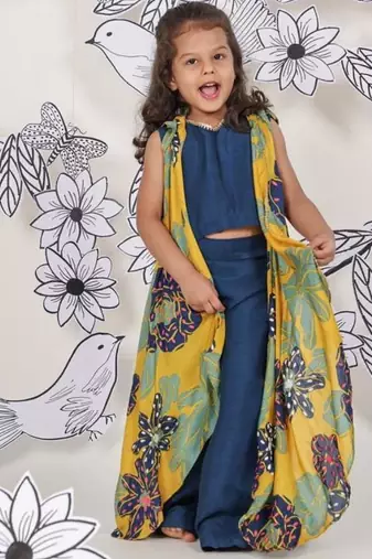 Tropical pop girls coord set yellow jacket with navy top & pants