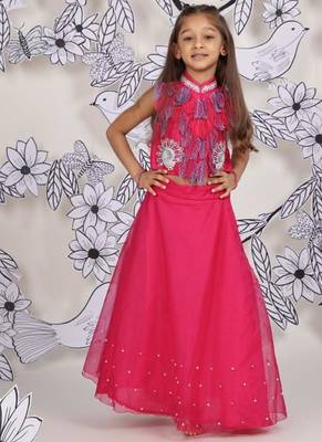 Peacock garden girls set 3d leaf embroidered top & pink organza skirt 1