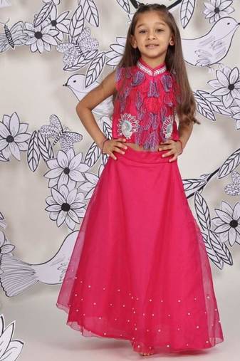Peacock garden girls set 3d leaf embroidered top & pink organza skirt