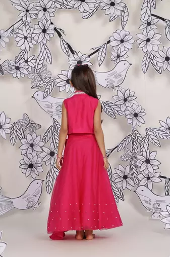 Peacock garden girls set 3d leaf embroidered top & pink organza skirt