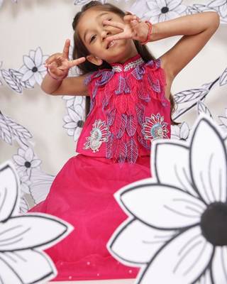 Peacock garden girls set 3d leaf embroidered top & pink organza skirt 3