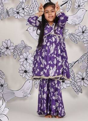 Purple petal girls sharara set floral kurta with ruffle pants 1