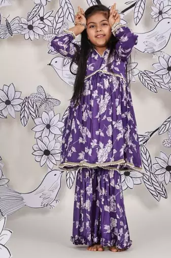 Purple petal girls sharara set floral kurta with ruffle pants