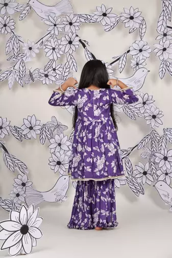 Purple petal girls sharara set floral kurta with ruffle pants