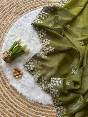 Dark Olive Zari Floral Embroidery With Sequins Work Crushed silk blend Saree 1