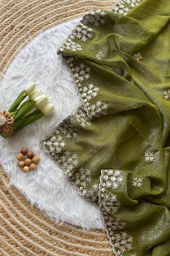 Dark Olive Zari Floral Embroidery With Sequins Work Crushed silk blend Saree