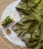 Dark Olive Zari Floral Embroidery With Sequins Work Crushed silk blend Saree