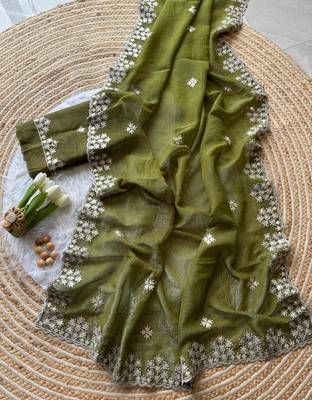 Dark Olive Zari Floral Embroidery With Sequins Work Crushed silk blend Saree 2