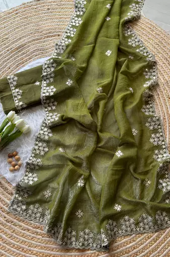 Dark Olive Zari Floral Embroidery With Sequins Work Crushed silk blend Saree