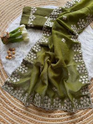 Dark Olive Zari Floral Embroidery With Sequins Work Crushed silk blend Saree 3